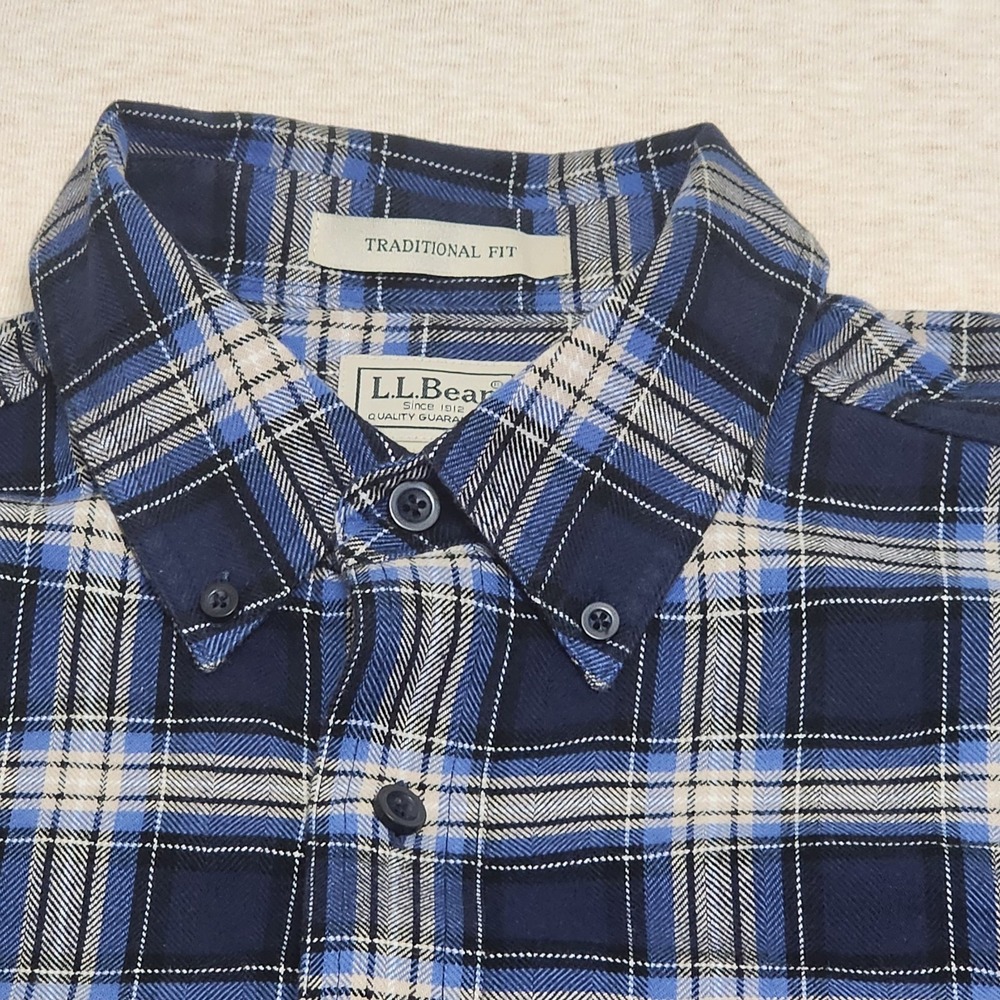 LL Bean Traditional Fit Plaid Flannel Button Down Long Sleeve Shirt Blue L TALL